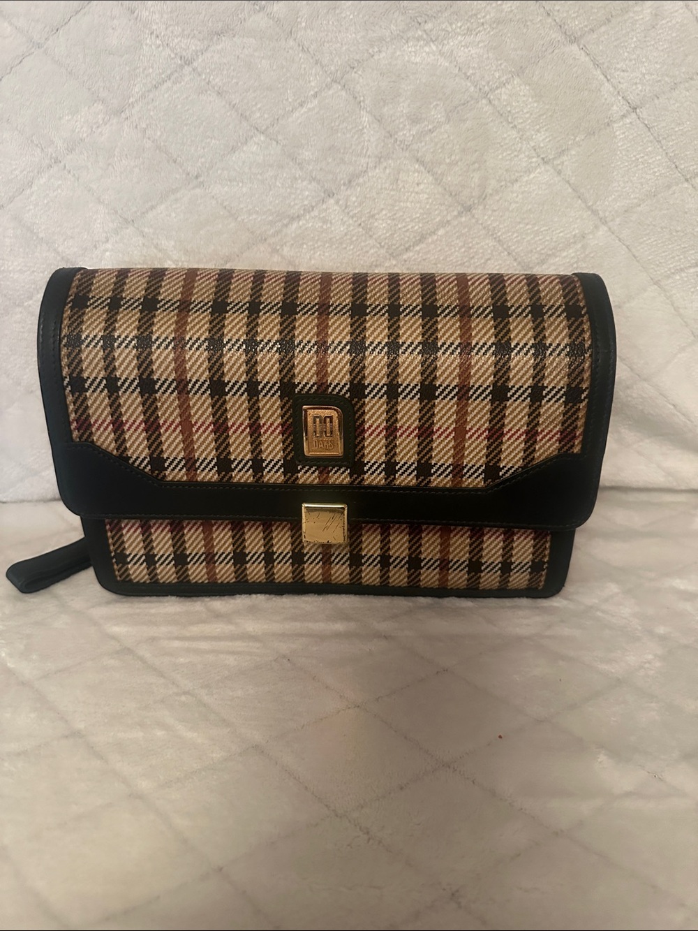 Plaid Wristlet Clutch with Green Trim and Gold Accent